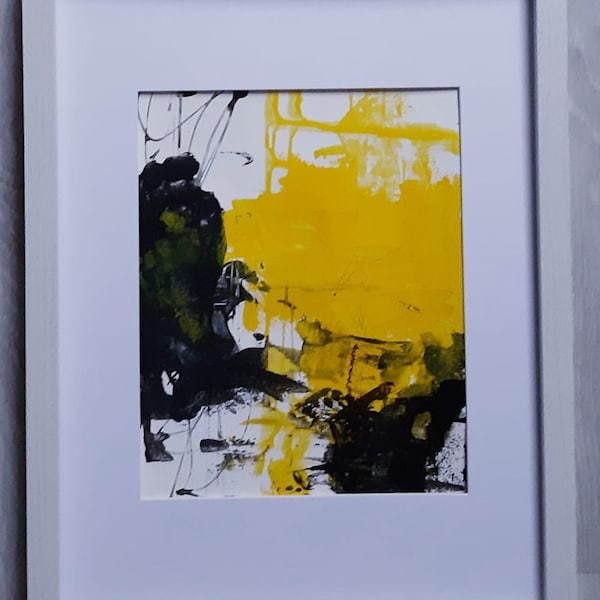 Ensemble de 2 tableaux de peinture acrylique avec cadre tableau de salon tableau moderne original noir blanc jaune tableau abstrait tableau noir décoration murale