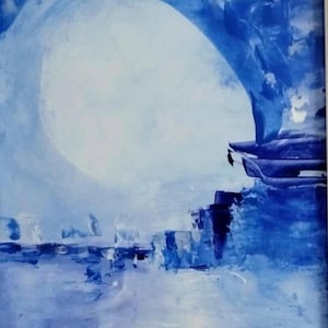 May include: Abstract painting with a large white circle in the center and blue and white brushstrokes throughout.