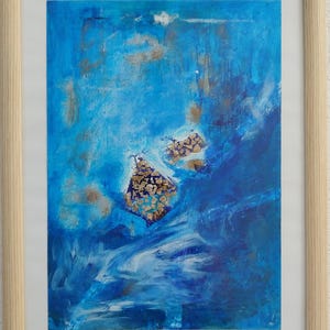 Peinture originale 33 x 43 cm tableaux acryliques bleu or blanc décoration maison tableaux avec cadre art abstrait peinture acrylique salon tableaux décoration murale