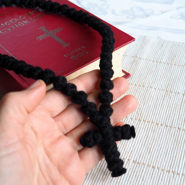 Thick knots woolen komboskini, Semi spaced Christian Orthodox Prayer rope, 33, 50, 100 knots and cross, no tassel