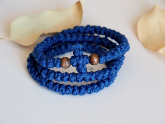 Prayer Rope, 100 knots with cross and blue beads