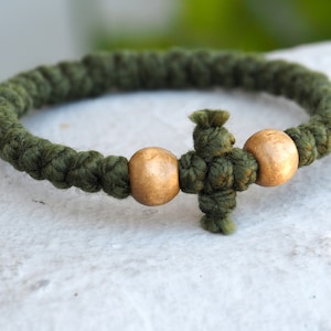 Olive Green prayer bracelet with cross, Greek Komboskini, Christian Orthodox eco friendly gifts from Greece