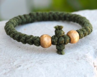 Olive Green prayer bracelet with cross, Greek Komboskini, Christian Orthodox eco friendly gifts from Greece