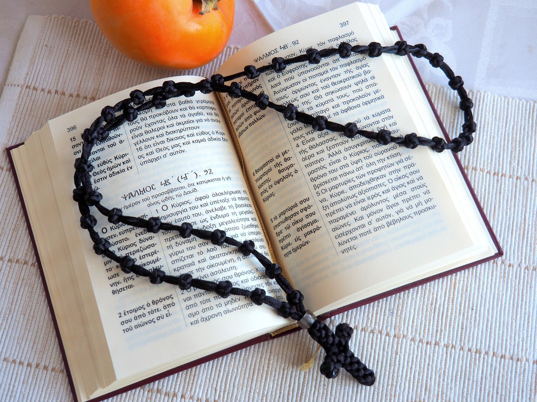 Semi Spaced Knotted Prayer Rope 50 Knots, Black Satin Komboskini