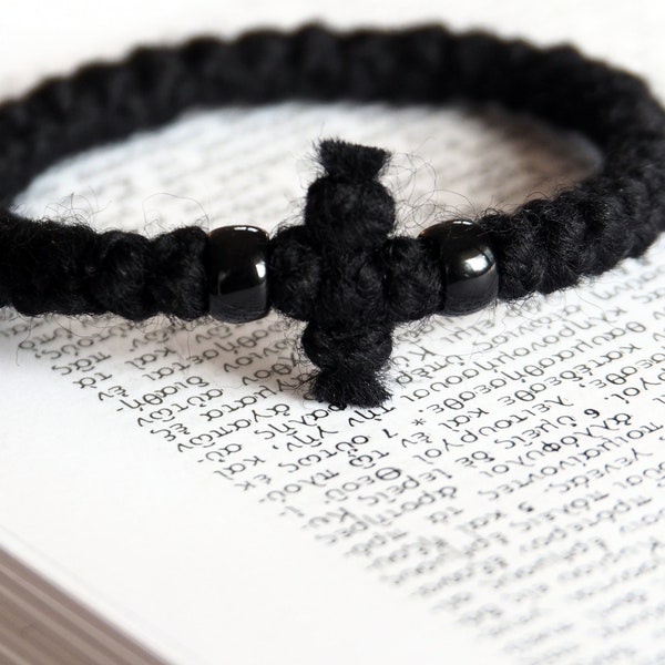 Knotted Prayer rope 33 knots, Black Wool komboskini bracelet, Christian Orthodox gifts for dad, monastery mount Athos style, made in Greece