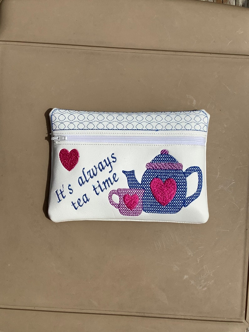 Machine Embroidered Vinyl Case, Make-Up Bag, Stash Bag, Bingo, High Maintenance, Tea Time, Beer Bag, Bridesmaids Gift, Birthday Gift, Humor image 2