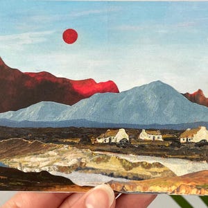 Mini collage originale su carta, paesaggio con montagne tagliato a mano, opera d'arte colorata per gli amanti delle montagne, pezzo forte per la parete di una galleria