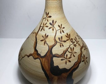 Unique ceramic Tulip Vase signed  painted relief sgraffito beige brown Sgrafo Germany 1975