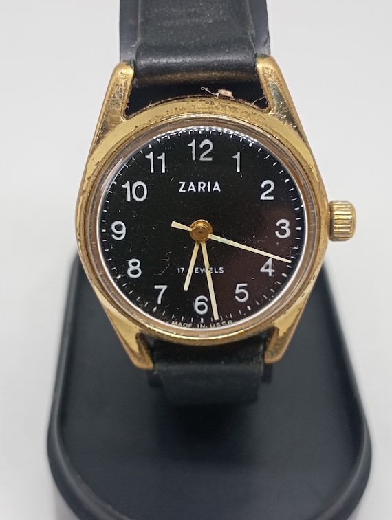 Vintage mechanische Uhr ZARIA Gold Edelstahl analoge BLACK DIAL