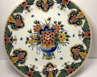 Hand-Painted Royal Delft Charger Plate: Floral Decor, C. Hoffmann, 1985