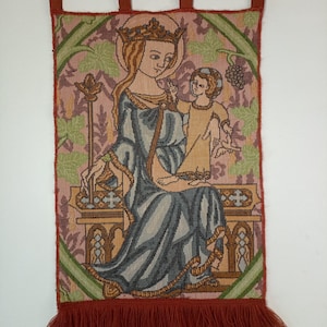 Vintage European Cotton Tapestry – Madonna and Child – 24x33 cm Virgin Mary Medieval