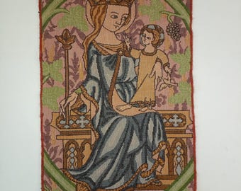Vintage European Cotton Tapestry – Madonna and Child – 24x33 cm Virgin Mary Medieval