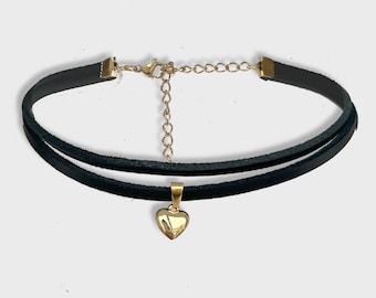 Leather Black Choker with a Pendant - Silver Gold Stainless Steel Small Heart
