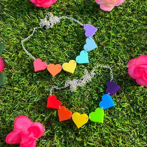 Bright or Pastel Rainbow Heart Acrylic Laser Cut Necklace - Pastel Aesthetic Geometric Kawaii Necklace