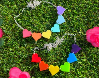 Bright or Pastel Rainbow Heart Acrylic Laser Cut Necklace - Pastel Aesthetic Geometric Kawaii Necklace