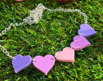 Pink and Purple Pastel Hearts Acrylic Laser Cut Necklace - Love Pastel Kawaii Necklace