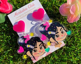 Jumbo Sugar Rush Earrings or Clip Ons - Wreck It Ralph Disney Vanellope Von Schweetz Acrylic Laser Cut Earrings