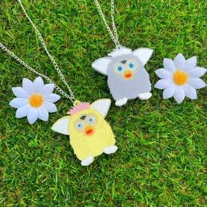 Retro 90s Toy Furby Acrylic Laser Cut Necklace - Pastel Vintage 1990s Nineties Kid Lasercut Kawaii Necklace