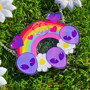 Jumbo We Come In Peace Laser Cut Acrylic Necklace - Alien Rainbow Acrylic Laser Cut Necklace