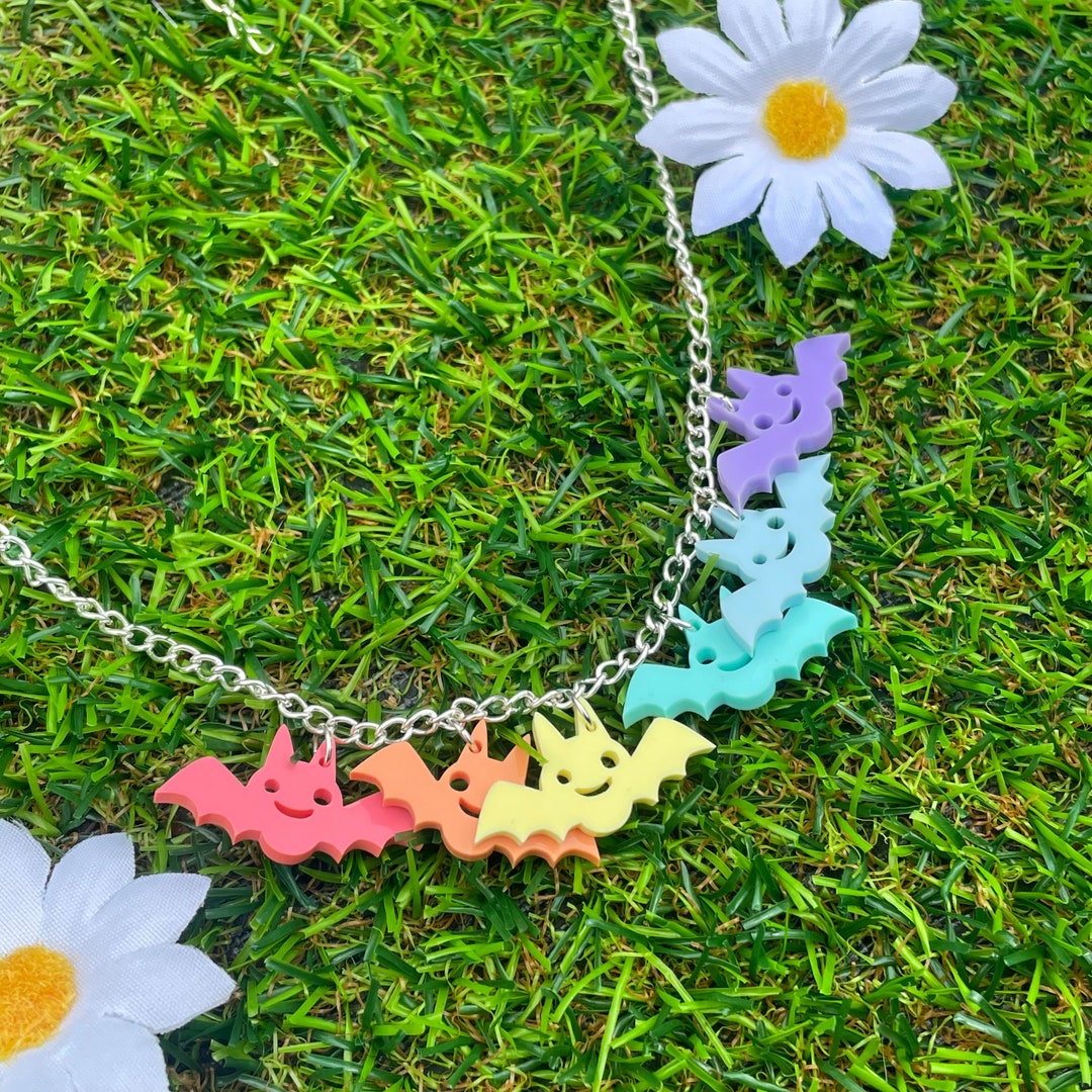 Pastel Rainbow Kawaii Bat Acrylic Laser Cut Necklace Pastel Etsy