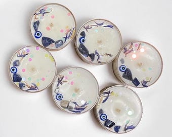 Evil Eye Tea Lights 6 Pack with Sodalite Crystal, Sandalwood & Cedarwood Scent, Gift for Her, Home Decor, Spiritual Candles