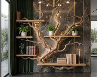 Prateleira de parede em forma de galho de árvore grande | Estante flutuante de madeira orgânica | Decoração biofílica inspirada na natureza | Peça de destaque para sala de estar rústica e moderna
