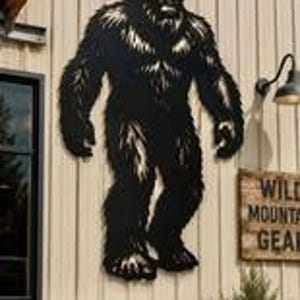 Könnte beinhalten: Ein großes, schwarzes, flaches Wandkunstobjekt aus Metall in Form einer stehenden Bigfoot-Kreatur mit detaillierter Fellstruktur. Die Silhouette zeigt einen markanten Kopf, lange Arme und dicke Beine und ist an einer vertikalen Fassadenwand montiert.
