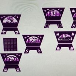 Op de afbeelding: Negen metalen vuurkorfdesigns met verschillende natuurthema's. De ontwerpen omvatten een hert, een vrachtwagen, een berglandschap en een vis. De vuurkorven zijn zwart en hebben een rustieke uitstraling.
