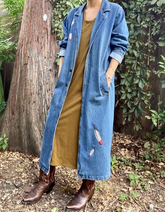 Vintage Denim Duster Jacket With Feather Embroidery Fits S/M - Etsy