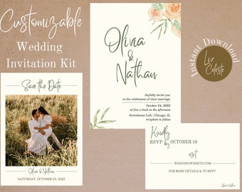 Floral Minimal Wedding Invitation Template Suite | Instant Download, Easily Customizable, Printable Canva Templates