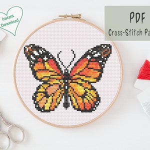 Monarch Butterfly Cross Stitch Pattern, small cute embroidery pattern, PDF download