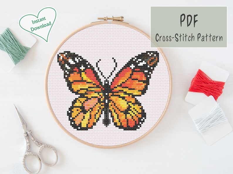 Monarch Butterfly Cross Stitch Pattern, Small Cute Embroidery Pattern