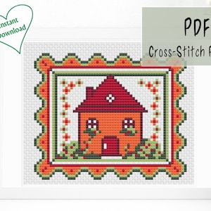 Little Red House Cross Stitch Pattern, small cute embroidery pattern, PDF download