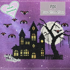Haunted House Cross Stitch Pattern, small cute embroidery pattern, PDF download