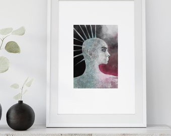 Fine art signed print - "Spike" wall art interior decor, artwork made by Maria Lans, portrait, face abstract art