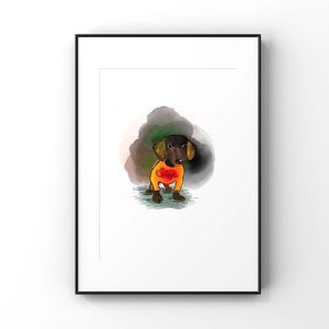 Sigge, pies biurowy, podpisany wydruk artystyczny, wydruki premium, sztuka ścienna, giclée, podpisana sztuka, nadruk zwierzęcy, wystrój wnętrz, pies dachowy, tusz arvhival