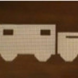 May include: A white silhouette of a train with an engine, two cars, and a caboose. The train is set against a dark brown background. The engine has a smokestack and a rounded front. The cars have rectangular windows.