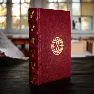 May include: A burgundy leather-bound book with gold accents and a gold symbol on the front cover. The symbol is a circle with an infinity symbol inside.
