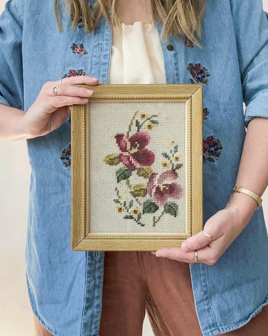 Vintage Floral Needlepoint Wall Art | Framed Embroidery | Cottagecore ...