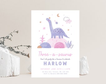 Three-a-saurus Dino Princess Invitation 5x7in