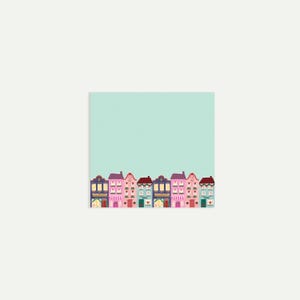 May include: A row of colorful, illustrated houses with varying architectural details. The houses feature pink, purple, blue, and green facades, with red and brown roofs. Each house has windows and doors, set against a light blue background.