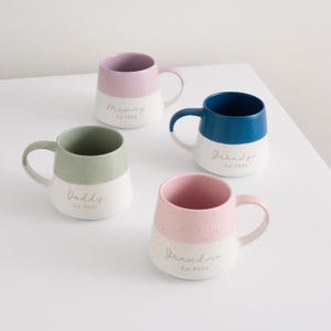 May include: Four ceramic mugs in pastel colors: pink, blue, green, and pink. Each mug has a white speckled base and a colored top. The mugs are labeled "Mummy", "Grandpa", "Daddy", and "Grandma", with "Est 2026" below each name.