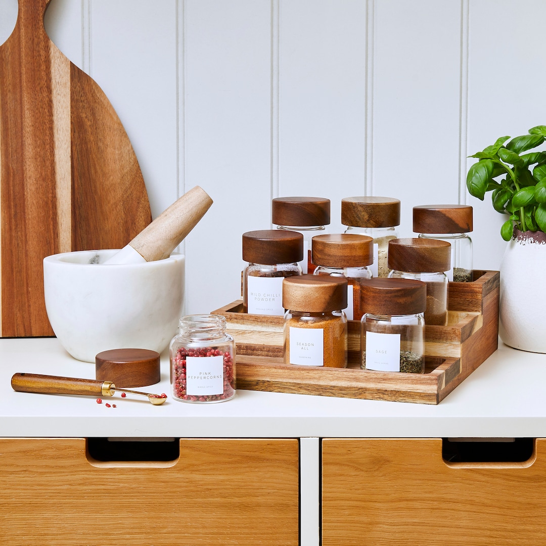 Acacia Wood Spice Rack - With or Without Spice Jars | Personalised ...