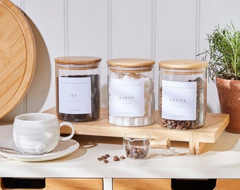 Personalized Tea Coffee Sugar Canister Set: Bamboo Lid Kitchen Storage
