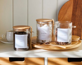 Tea Coffee Sugar Jars: Glass Kitchen Storage with Bamboo Lid & Spoon