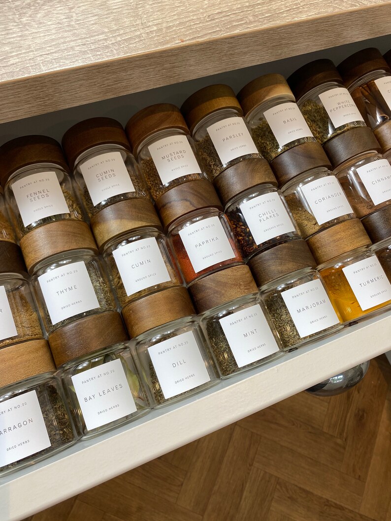 Glass Herb and Spice Jars Acacia Lid Printed Waterproof Etsy UK