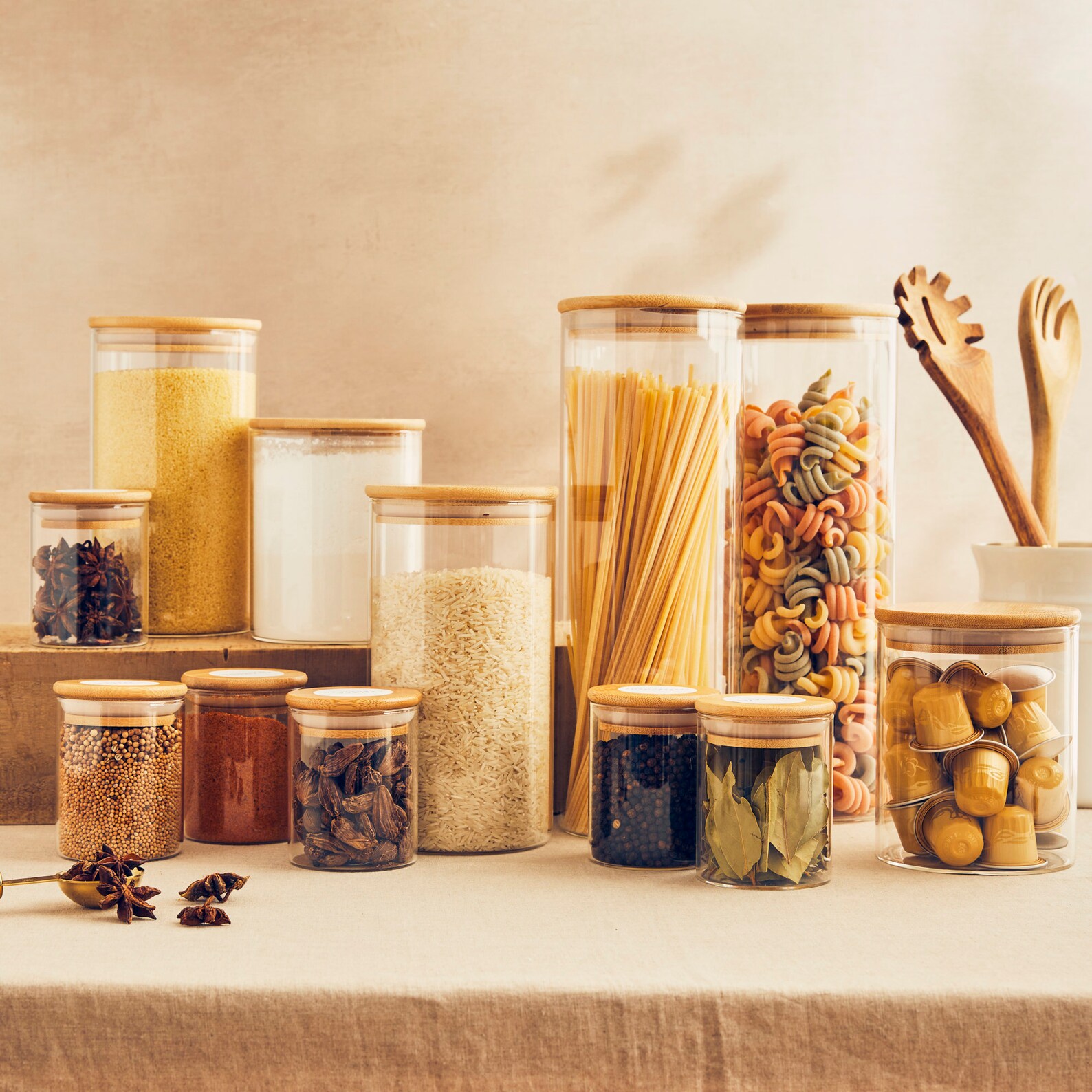 Bamboo Glass Pantry Jars Kitchen Food Storage Homeware Etsy