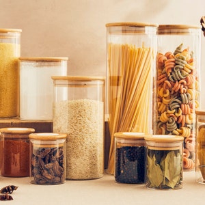 Bamboo glass pantry jars | kitchen food storage | homeware | pantry jar | kitchen organisation | pantry |