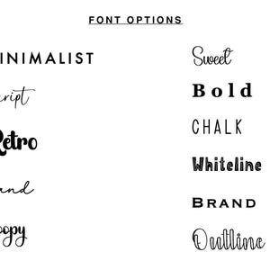 May include: A graphic showing different font options for text. The options include: Minimalist, Script, Retro, Hand, Loopy, Sweet, Bold, Chalk, Whiteline, Brand, and Outline.
