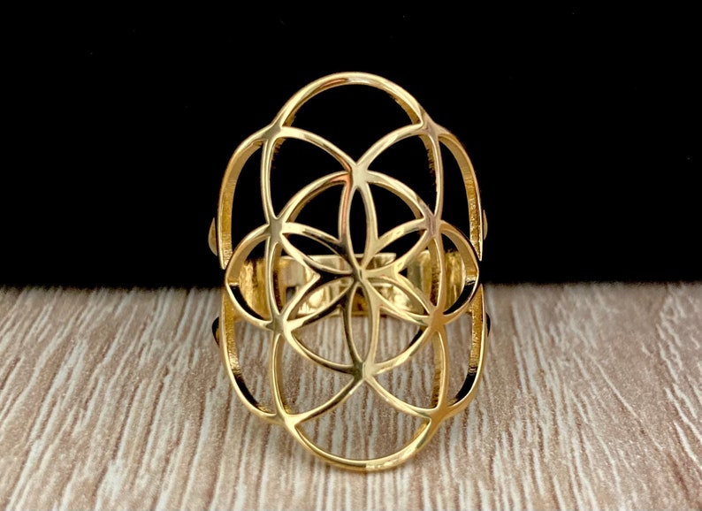 Bague Fleur De Vie En Acier Inoxydable - Symbole Spirituel - Cadeau Pour Femme - Taille Adjustable 17-21 Mm